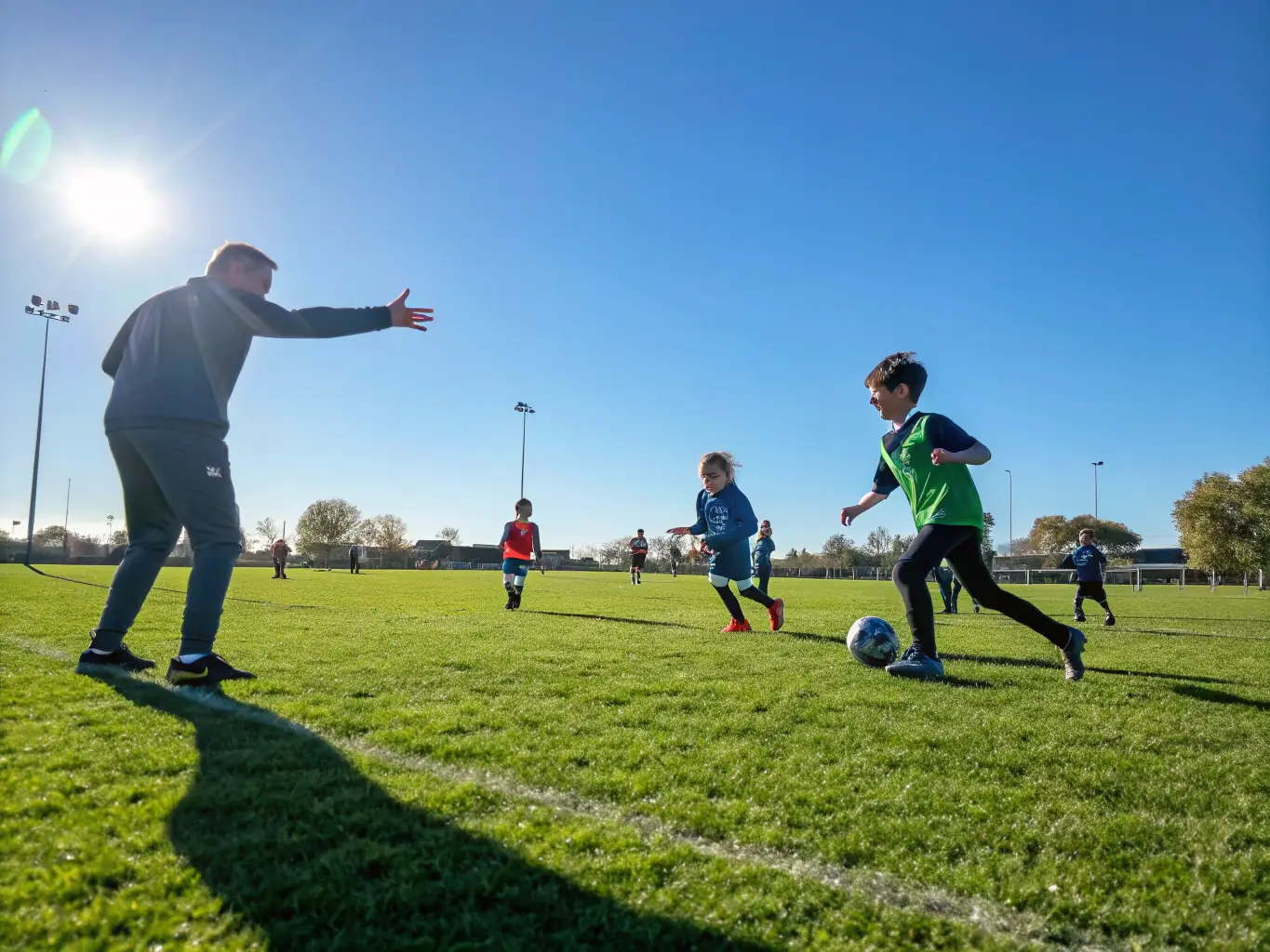 An image of children playing soccer in a well-maintained sports field, emphasizing youth engagement and skill development.