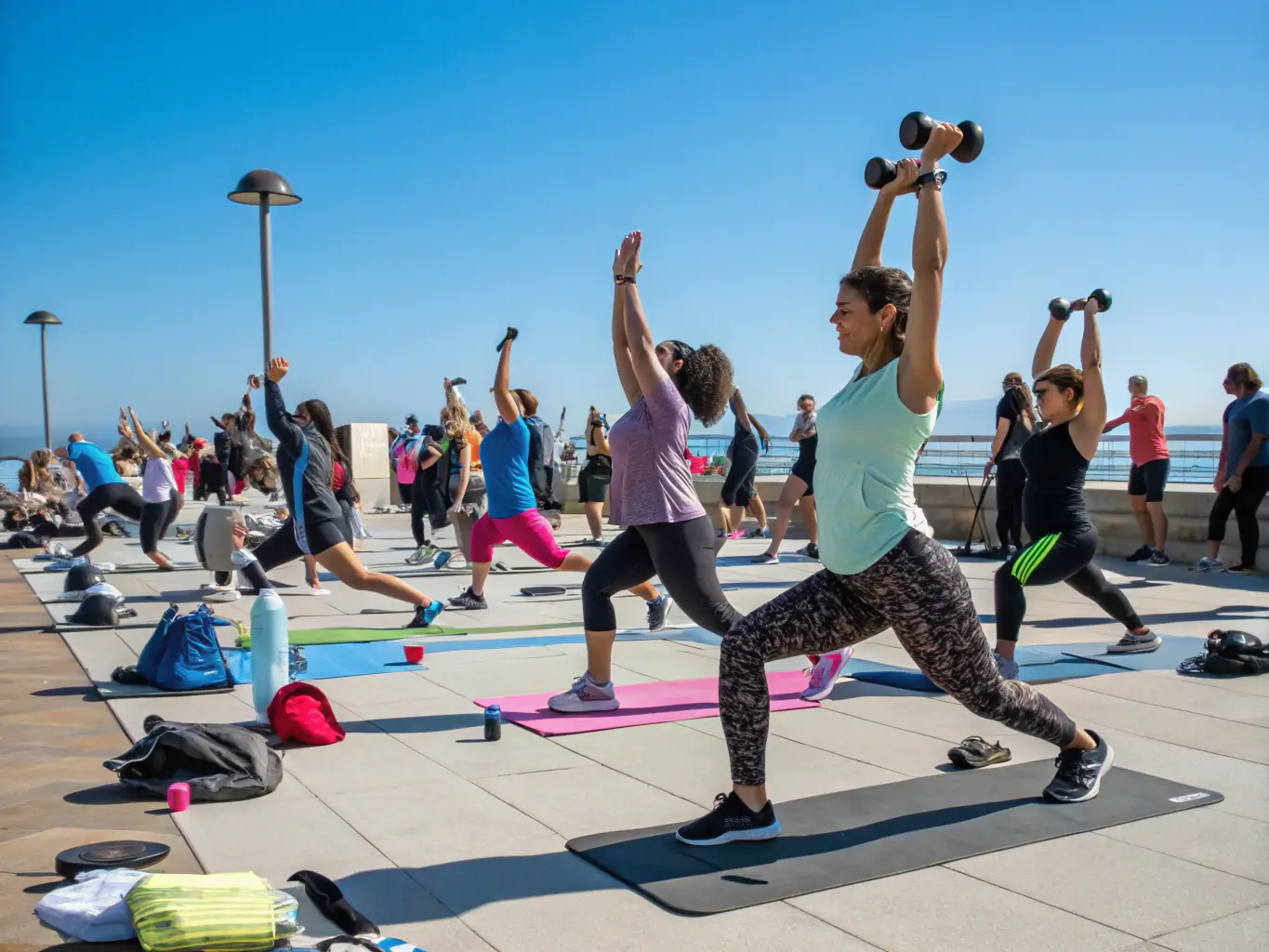 A group of people of varying ages participating in a recreational fitness class outdoors, emphasizing inclusivity and community engagement.