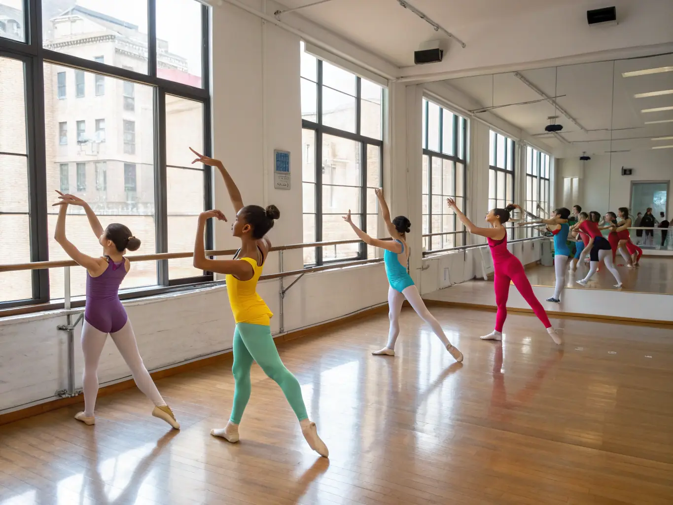A diverse group of dance students of varying ages and skill levels are laughing and stretching together in a sunlit dance studio, creating a sense of community and camaraderie.