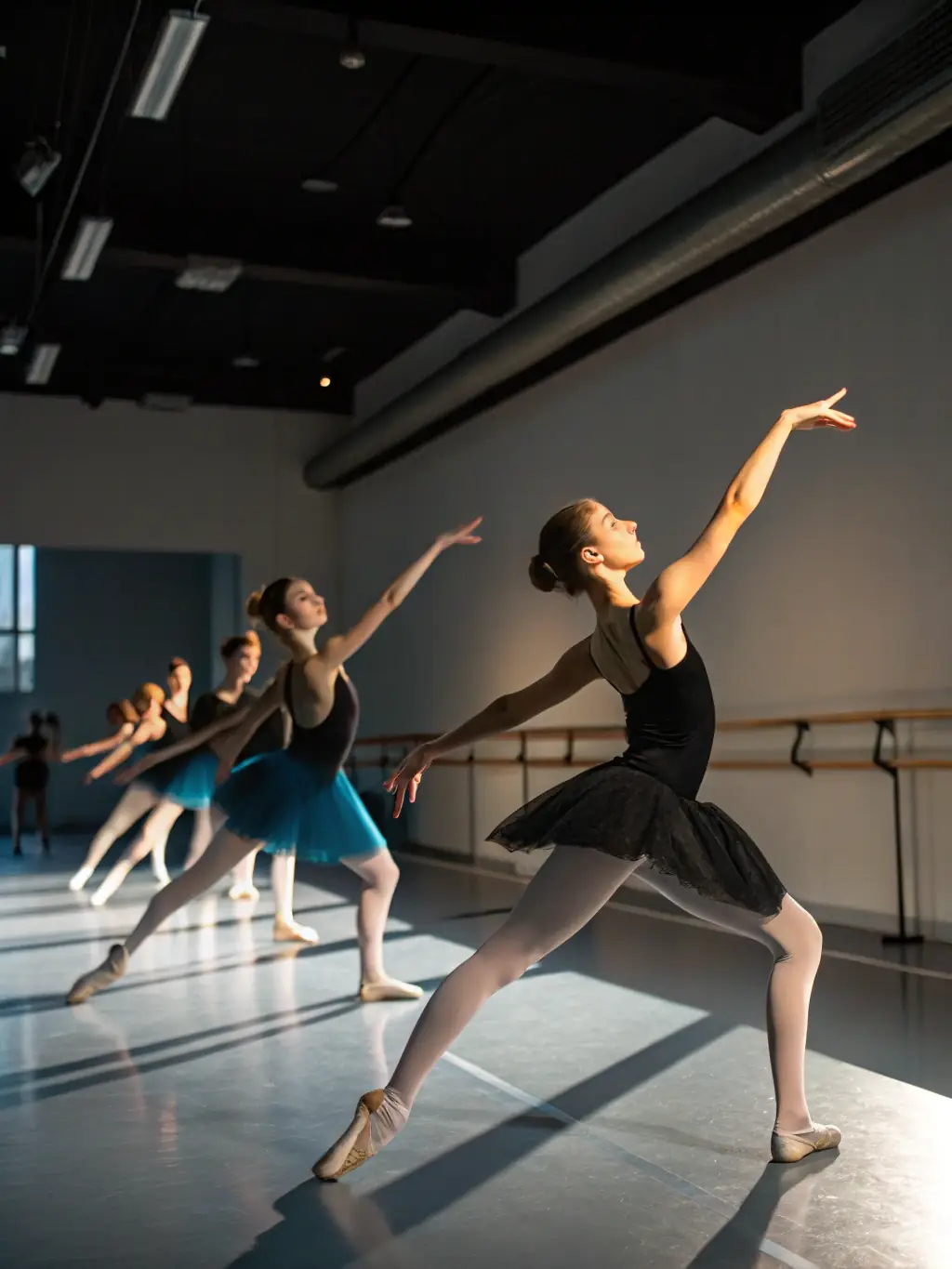 Teenagers practicing a modern jazz routine in a dance studio, showcasing dynamic movements and expressive choreography at Danse Attitude Pontchâteau.