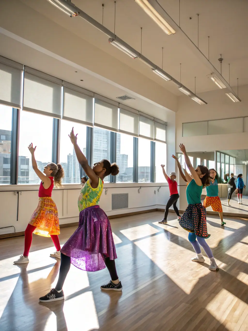 A diverse group of students in dance attire, laughing and stretching together before a class at Danse Attitude Pontchâteau, emphasizing community and inclusivity.