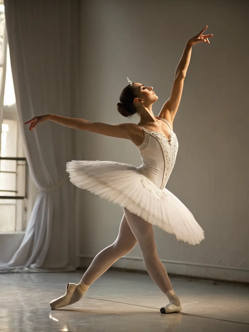 A young ballerina in a pink tutu gracefully executing a plié at the barre during a classical ballet class at Danse Attitude Pontchâteau.