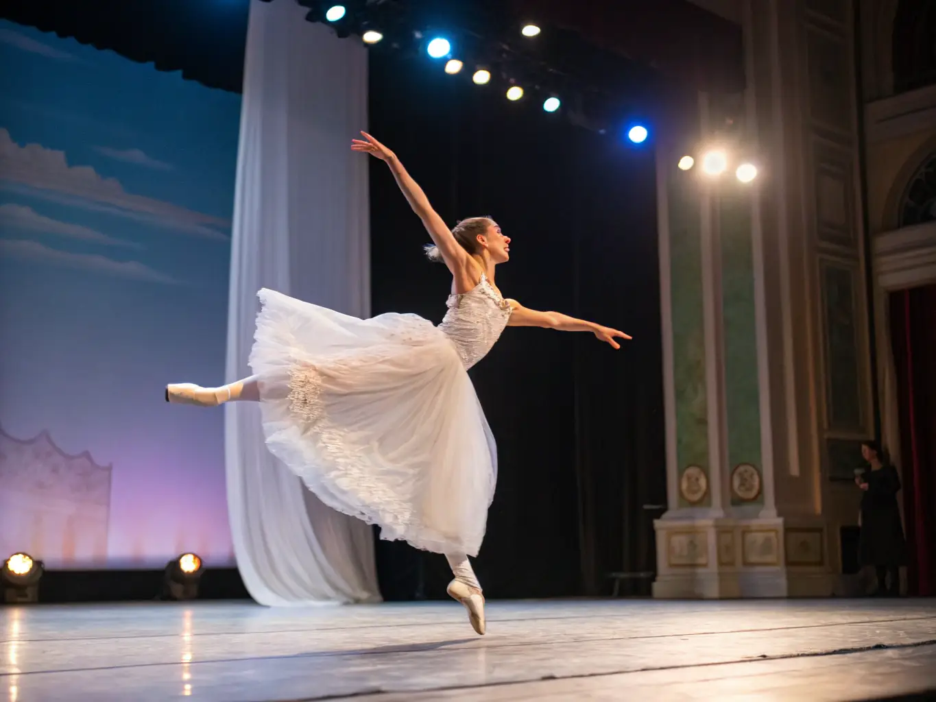 A dancer gracefully performing a solo routine on stage during a recital, showcasing artistic expression and technical skill.