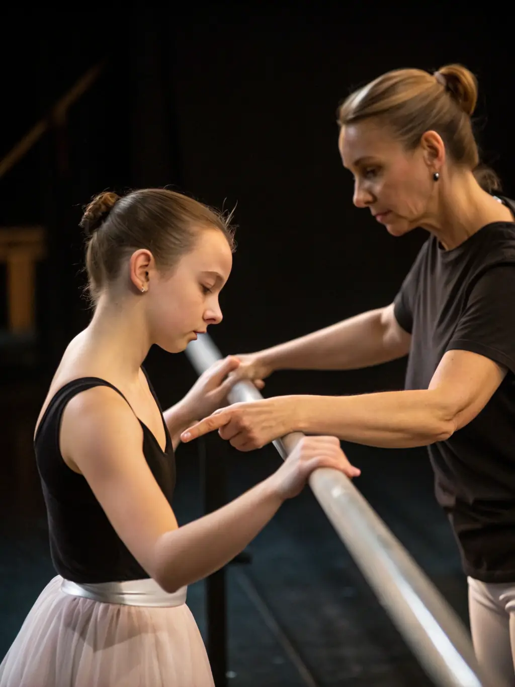 A close-up shot of a dance instructor at Danse Attitude Pontchâteau, providing personalized guidance and correction to a student during a ballet class.