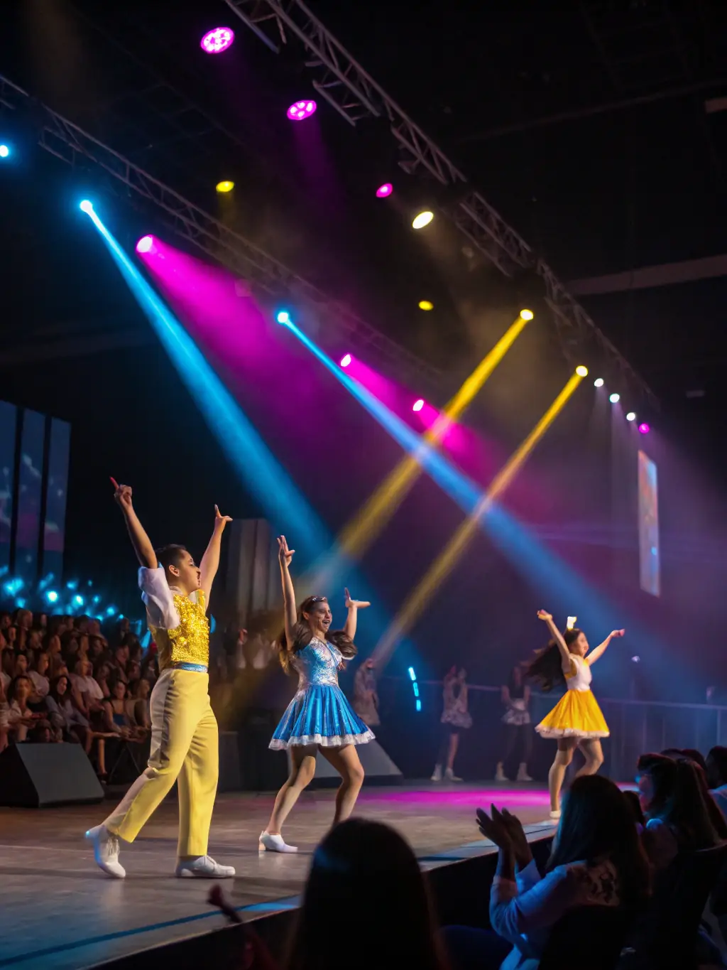 A group of jazz dancers in colorful attire performing a synchronized routine with high energy and smiles at Danse Attitude Pontchâteau.